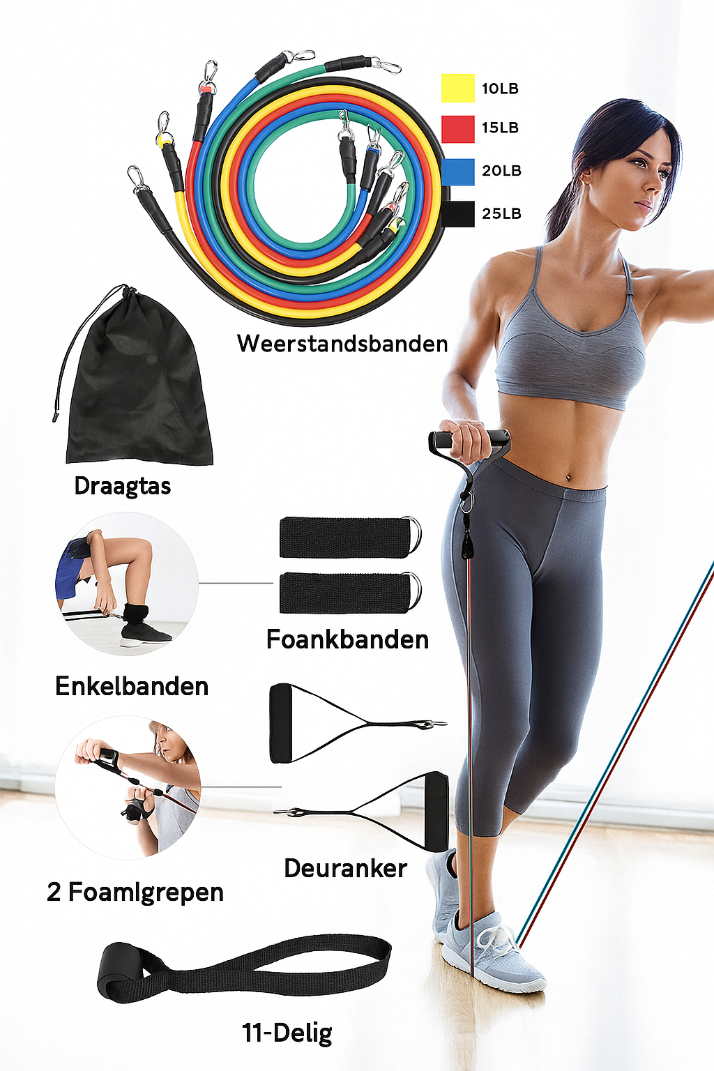 11-delig Trainingspakket – Compleet Fitness- en Krachttrainingsset voor Thuis - Yoga, Pilates & Weerstandstraining